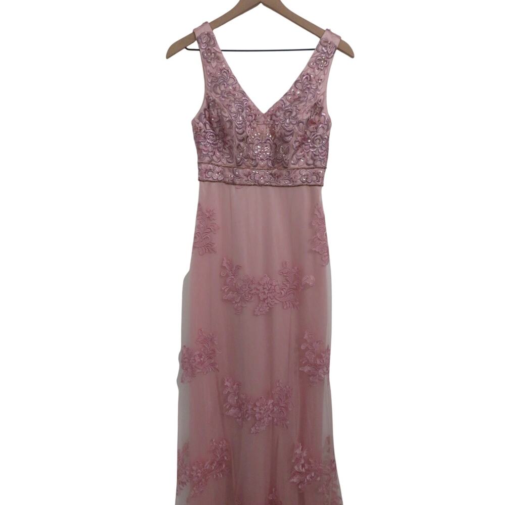 Sue Wong Women Sz 0 Dusty Pink Beaded Embroidered Sleeveless Maxi Gown Y2K Fairy